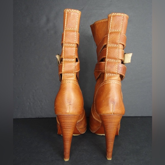 Frye Women's Size 6M Harlow Multi Strap Stiletto Boots Cognac All Leather - Picture 3 of 10